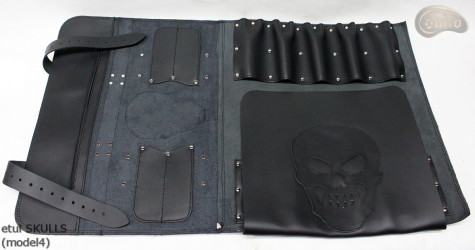 Taška / pouzdro na nůž ČERNÁ lícová KŮŽE SKULLS (model 4)